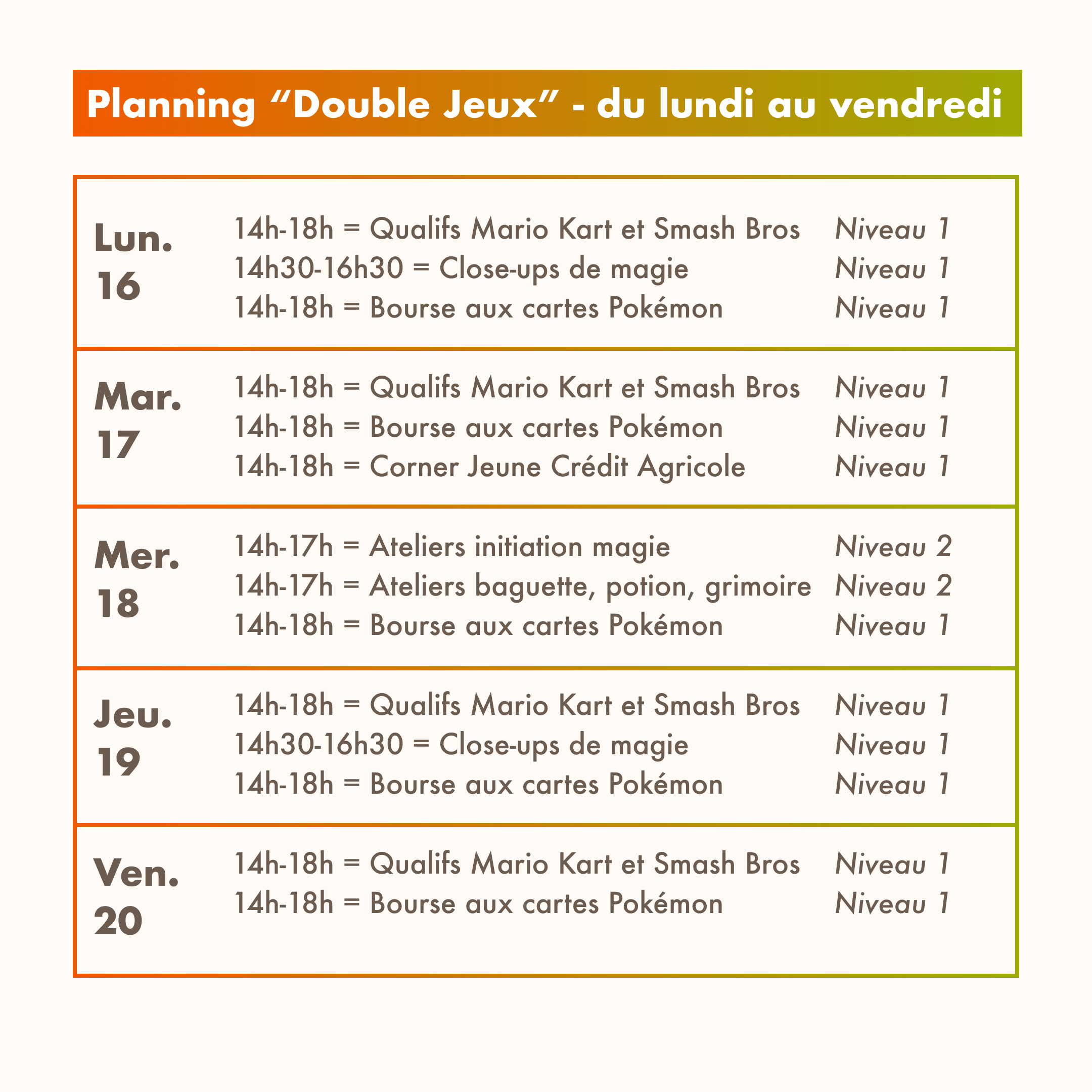 Planning "Double Jeux" du lundi au vendredi