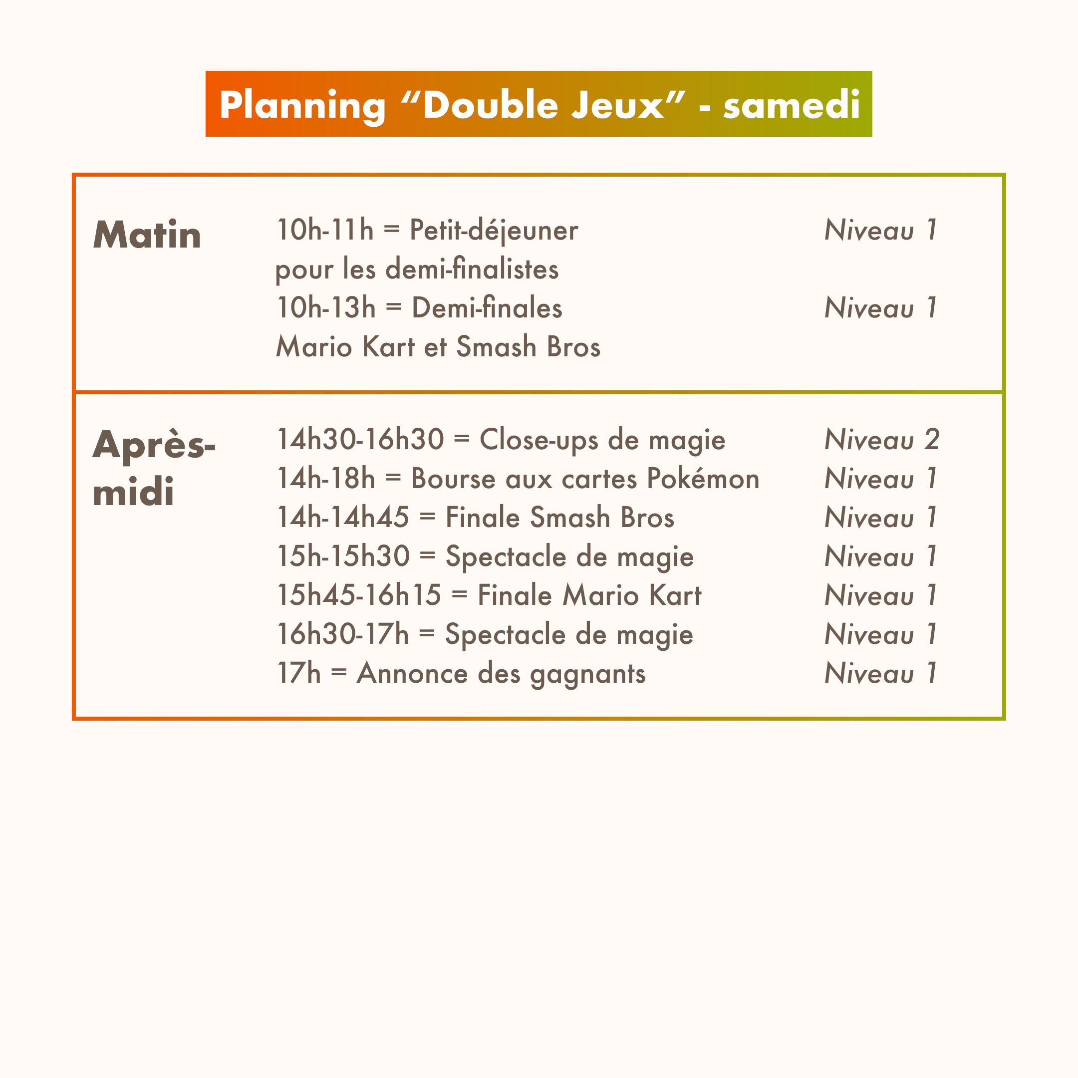 Planning Double Jeux du samedi